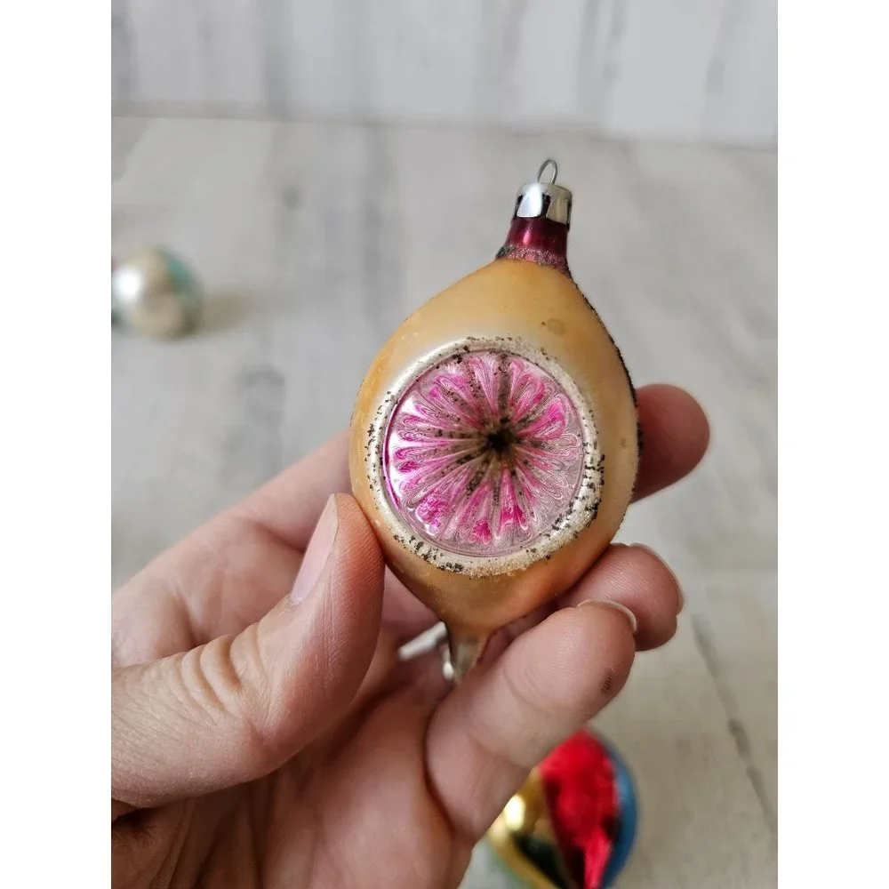 Vintage striped poland indent mini ornament reflector Mercury glass pink blue se